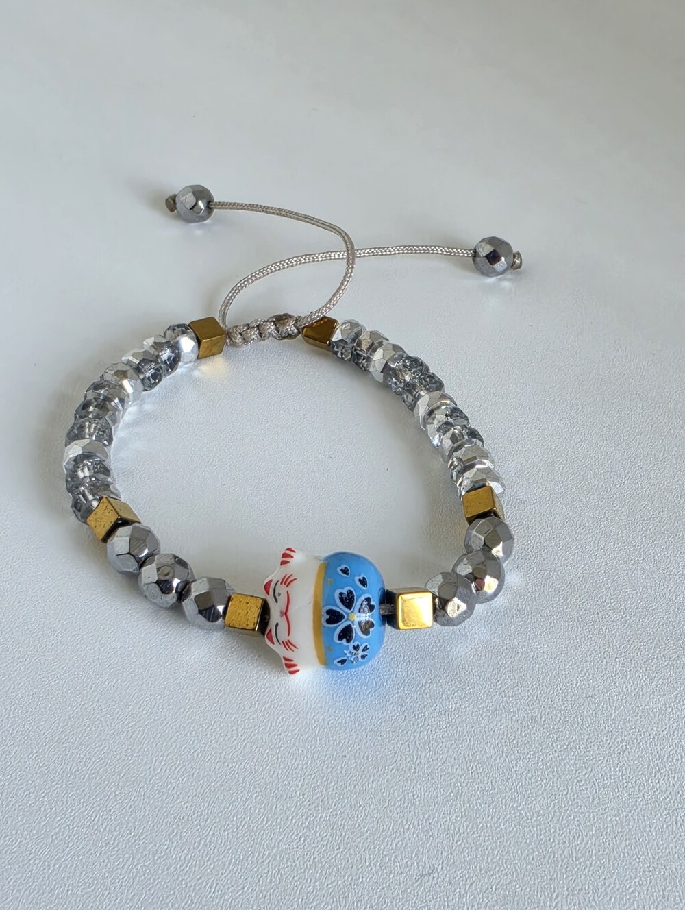 Beaded Adjustable Bracelet with Blue Ceramic Charm